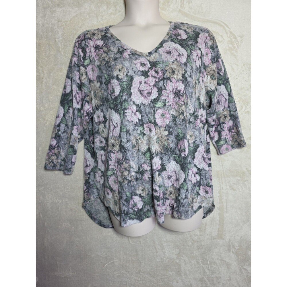 Dantelle Pullover V Neck 3/4 Sleeve Sweater Gray Pink Floral XL Cottagecore HiLo